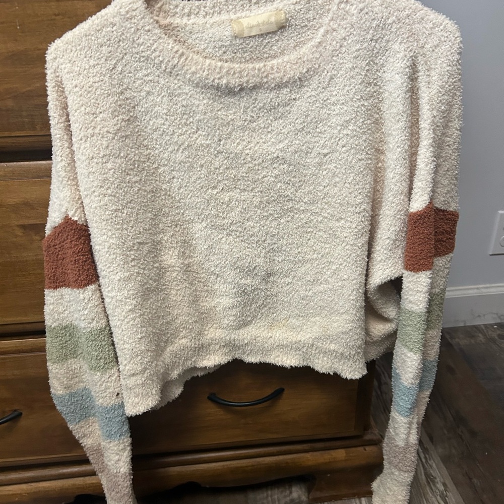 Altar'd State Cream and Brown Crew Neck Sweater with Colorful Sleeves - Picture 2 of 3